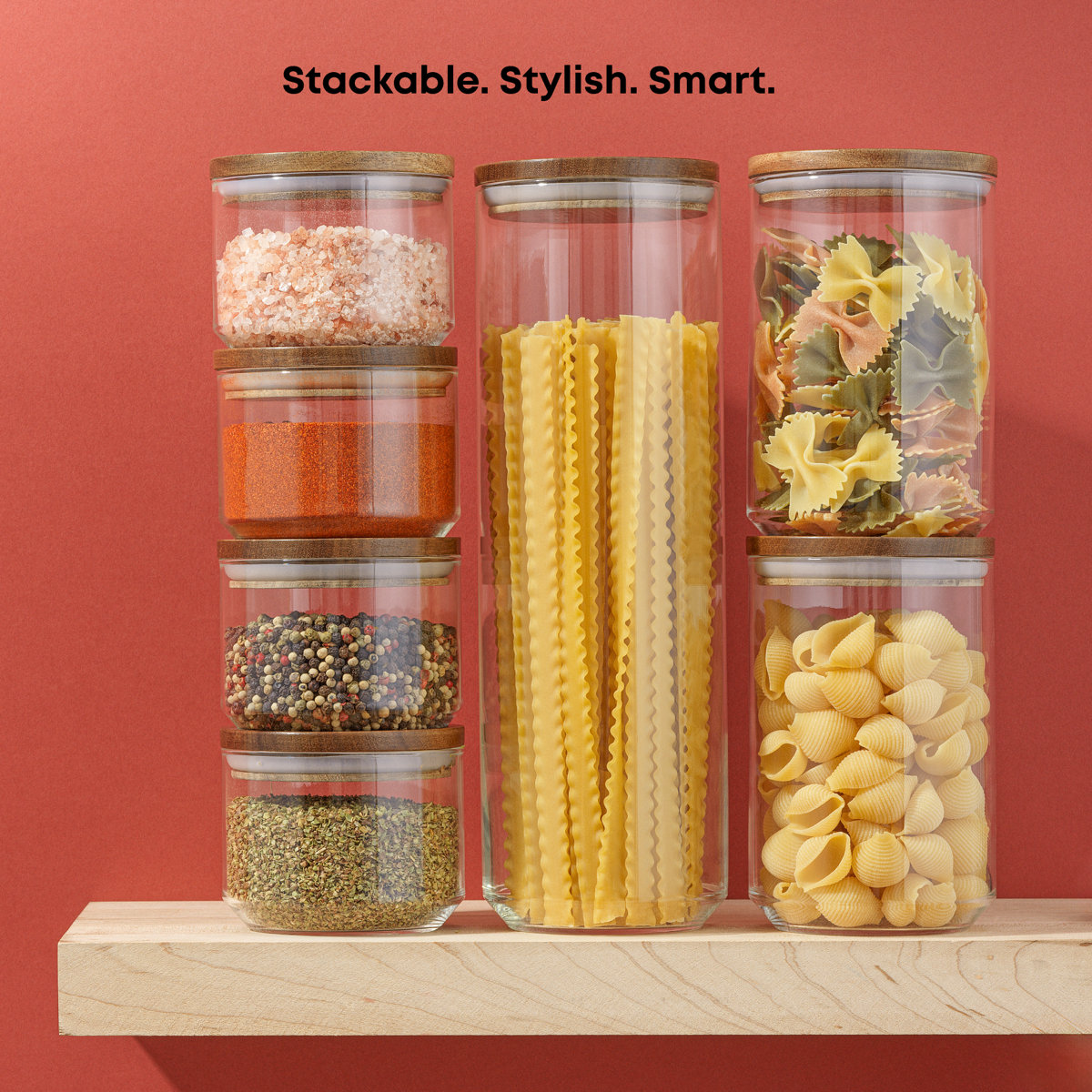 Holden 7-Piece Stackable Glass Storage Canister Set with Wood Lids (Set of 7)